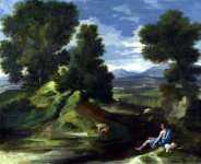 Пейзаж с мужчиной черпающим воду из потока
